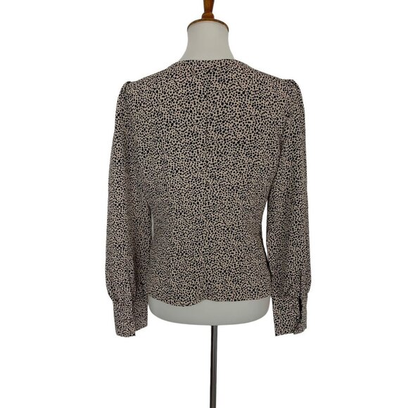 Lulus Beige Black Polka Dot Blouse Long Sleeve Deep V Neck Lightweight Top M - Picture 4 of 6